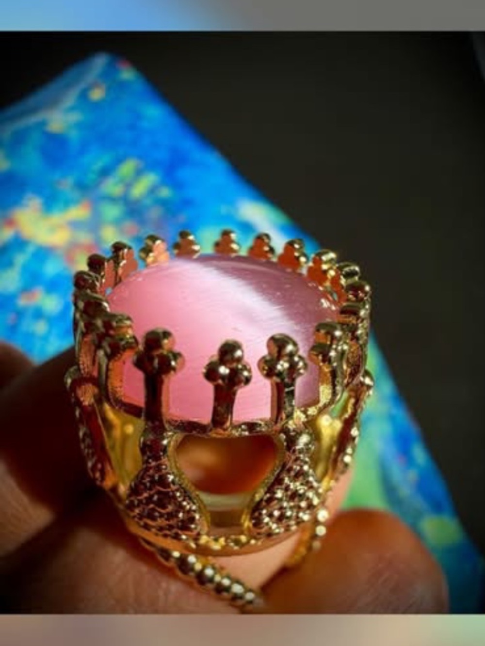 Gold Crown-Style Ring with Pink Cabochon for Women